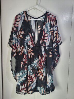 Kona Sol Womens XL Swim Coverup Sheer Floral Beach Travel Resort Tunic